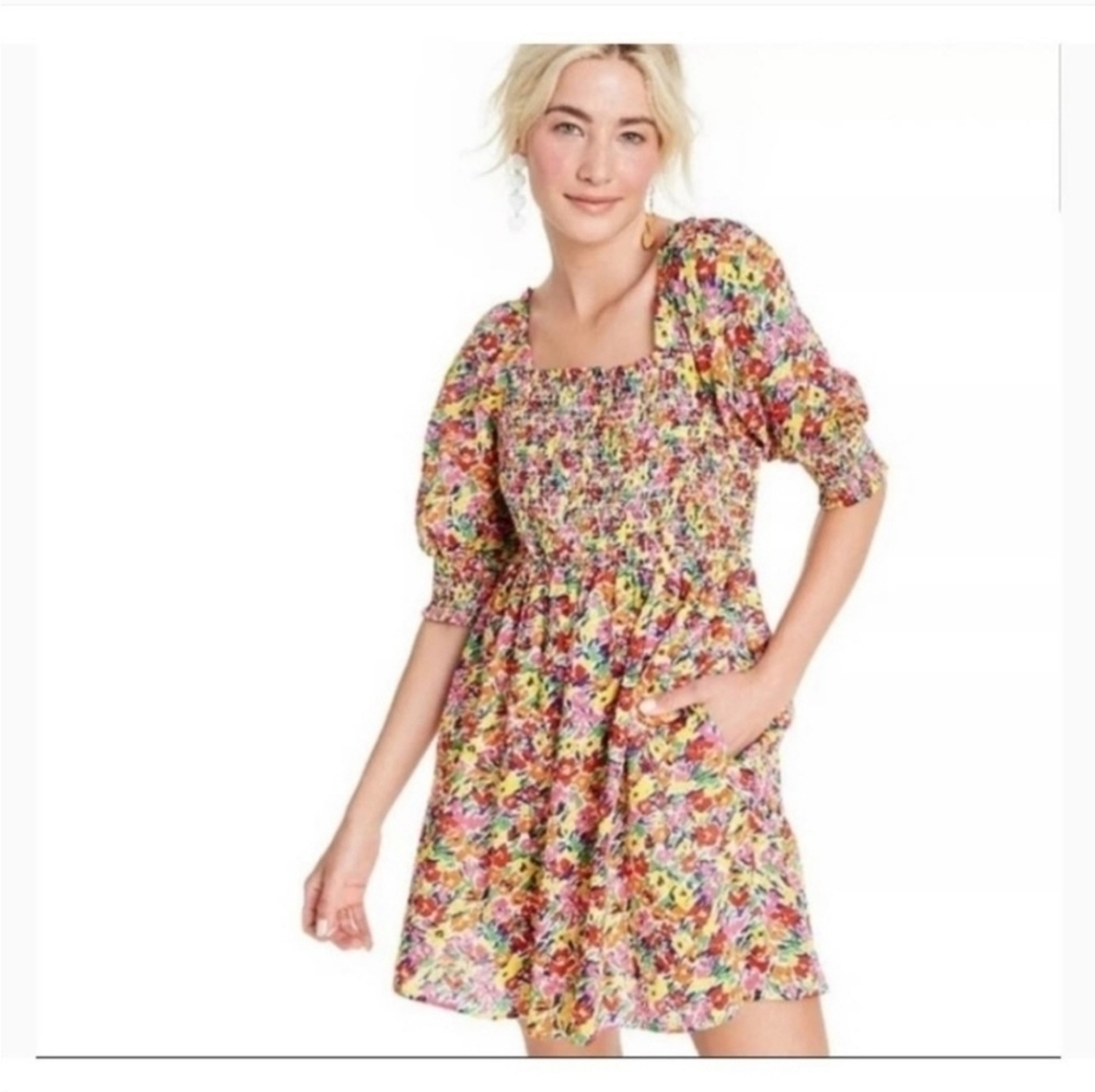 Rixo For Target Puff Sleeve Smocked Mini Dress Rainbow Floral Size M